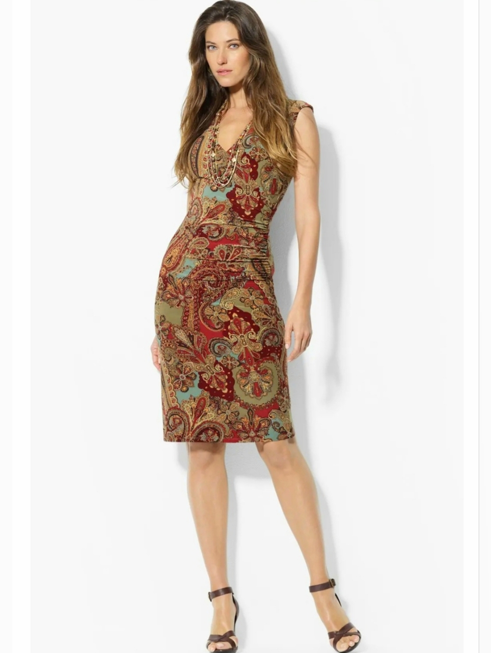 Lauren Ralph Lauren Autumn Paisley Midi Dress Faux Wrap Sleeveless Stretch Fall